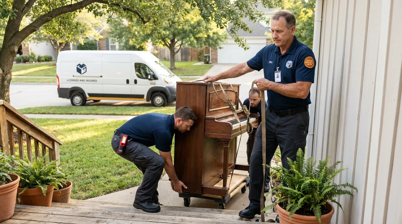 Licensed piano movers securing grand piano in Malvern, IA