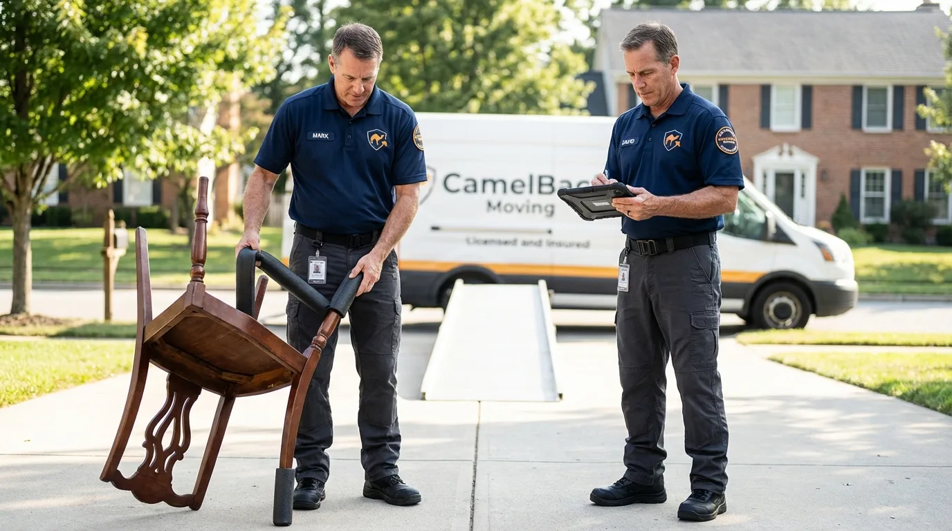 Movers inspecting furniture for damage prevention before loading in Malvern, IA