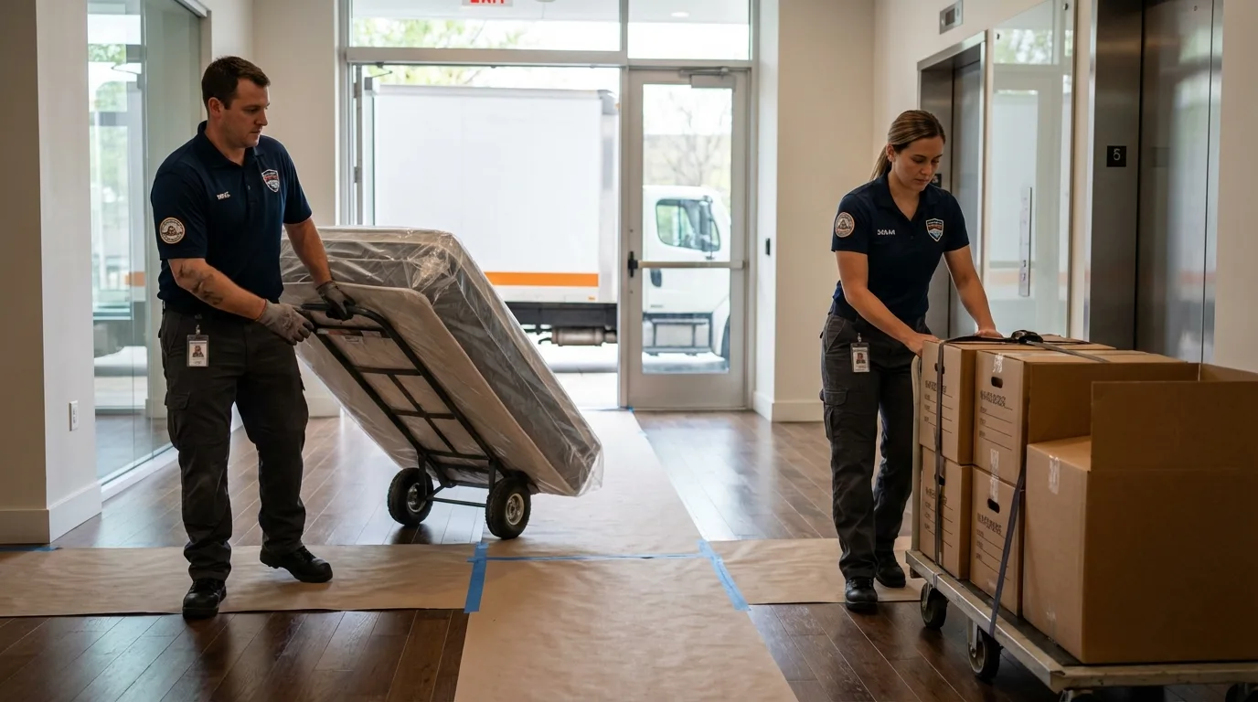 Professional apartment movers loading elevator in Malvern, IA
